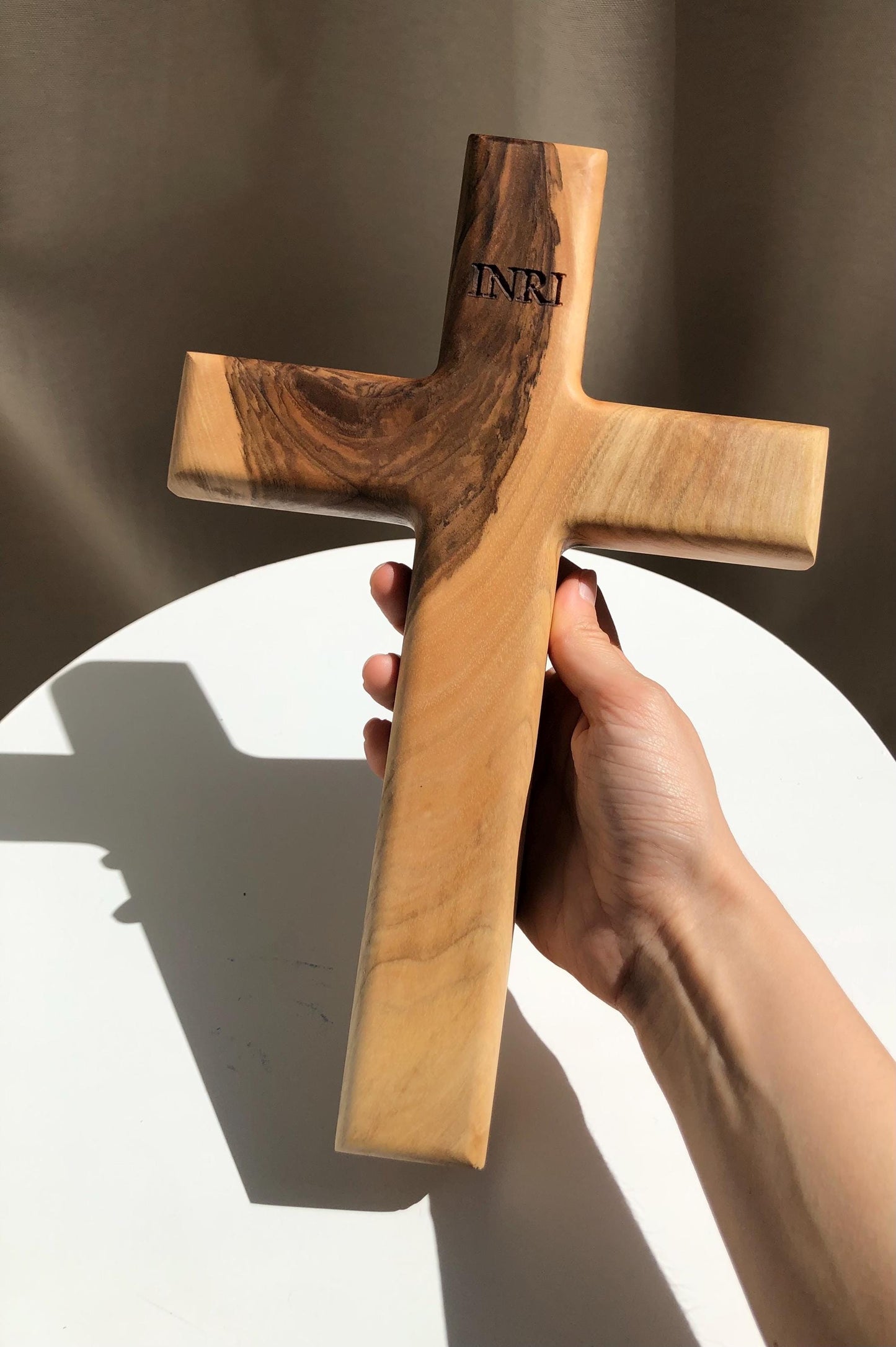 Handmade Solid Walnut Cross: Christian Wall Decor with INRI
