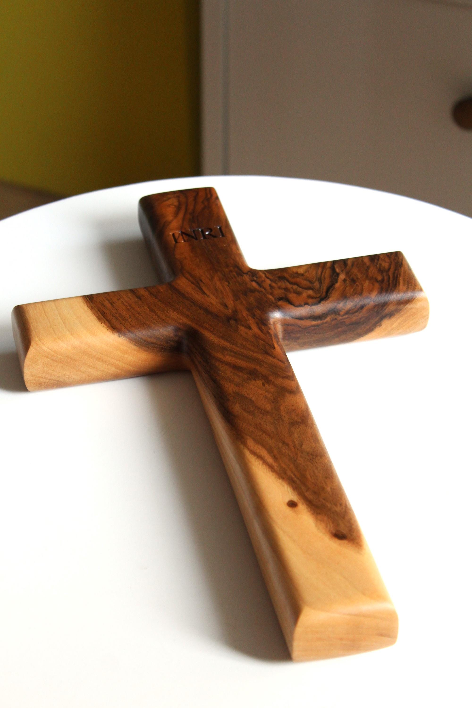 Handmade Solid Walnut Cross: Christian Wall Decor with INRI