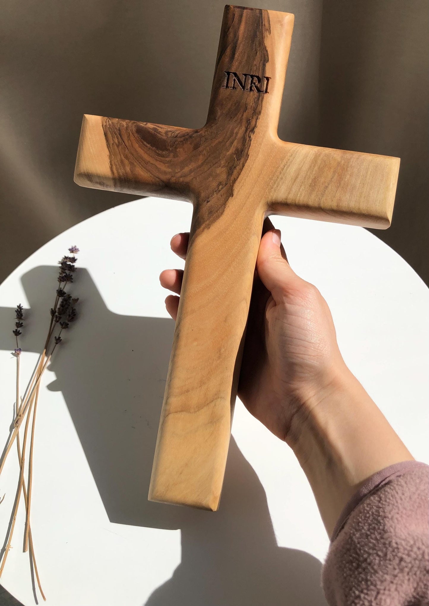 Handmade Solid Walnut Cross: Christian Wall Decor with INRI