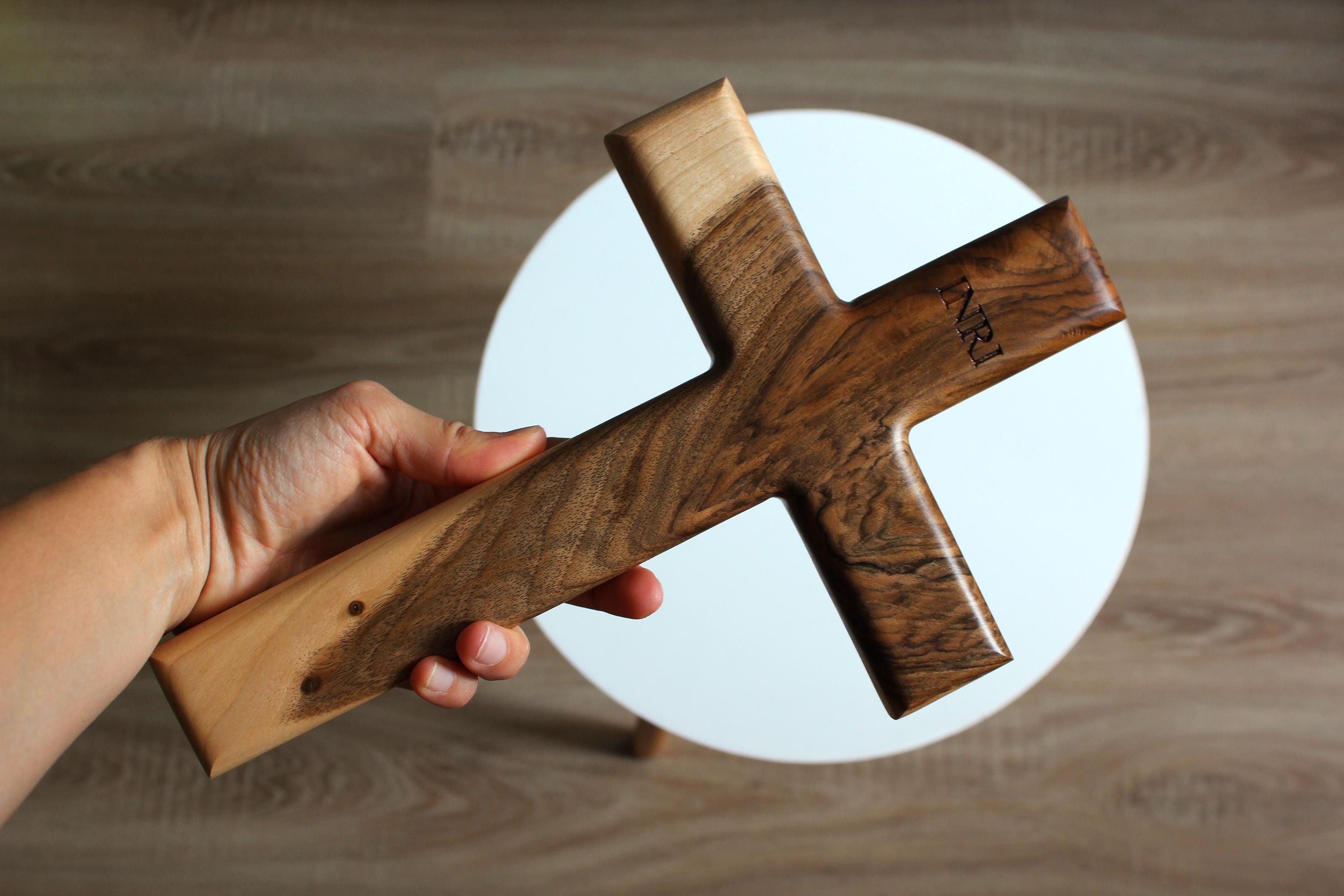 Handmade Solid Walnut Cross: Christian Wall Decor with INRI