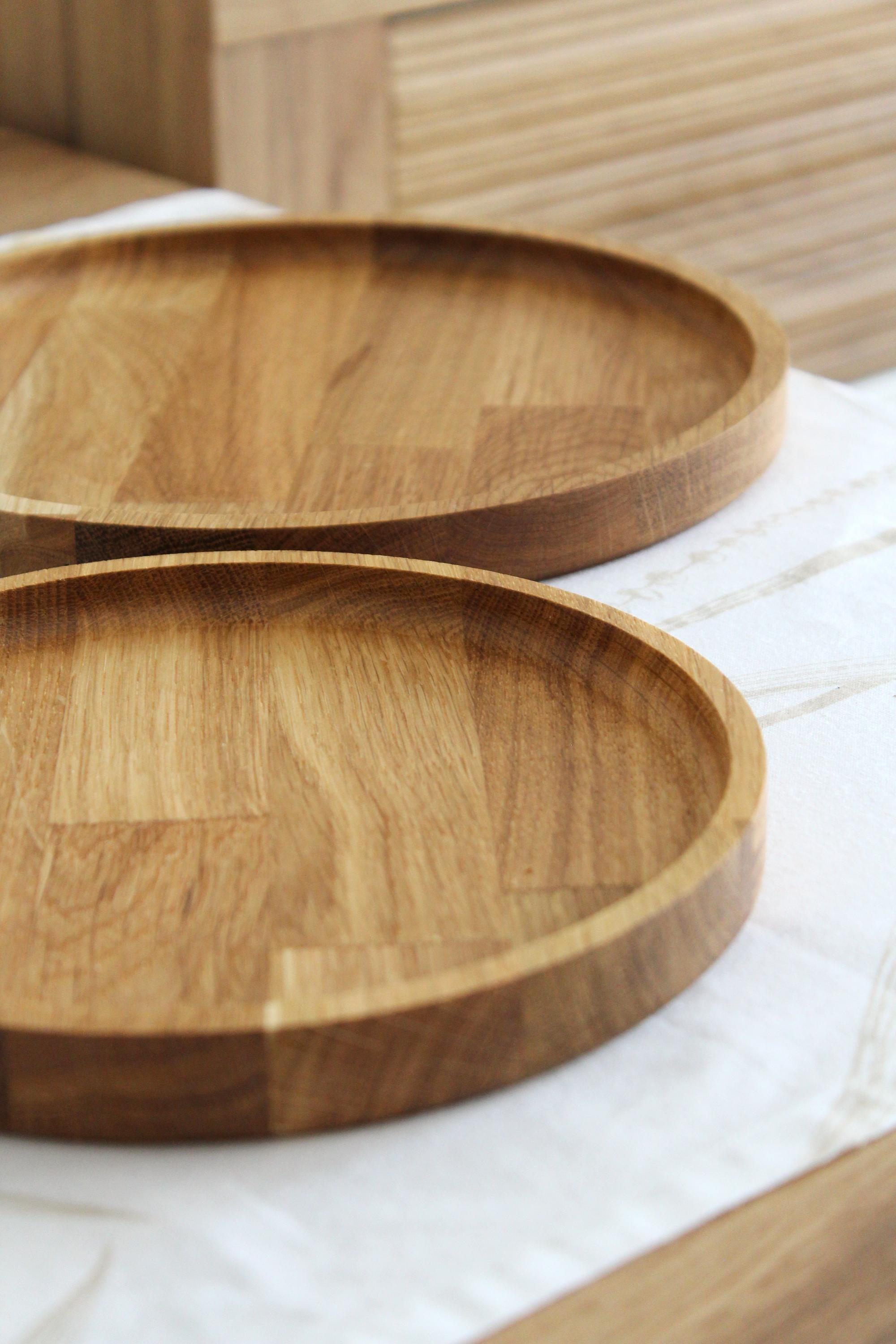 Round Wooden Tray | Solid Oak Serving Tray | Minimalist Rustic Home Decor