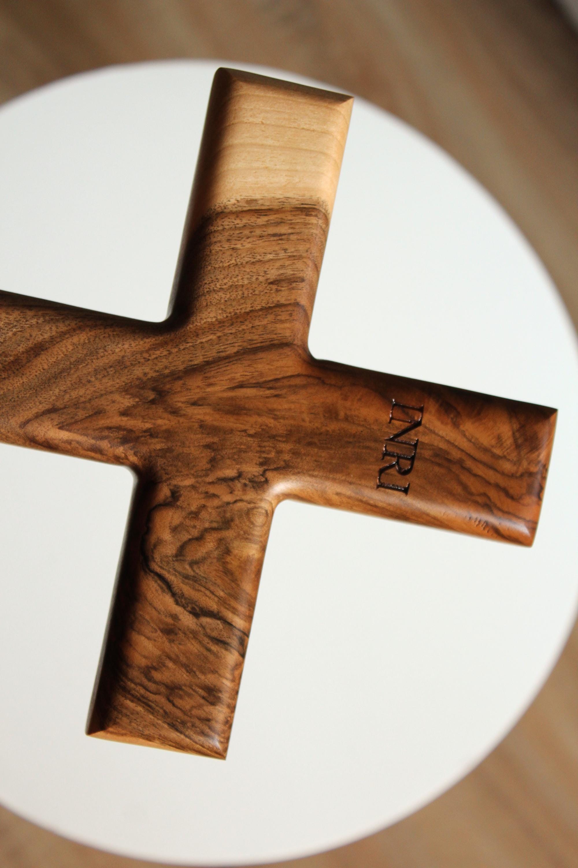 Handmade Solid Walnut Cross: Christian Wall Decor with INRI