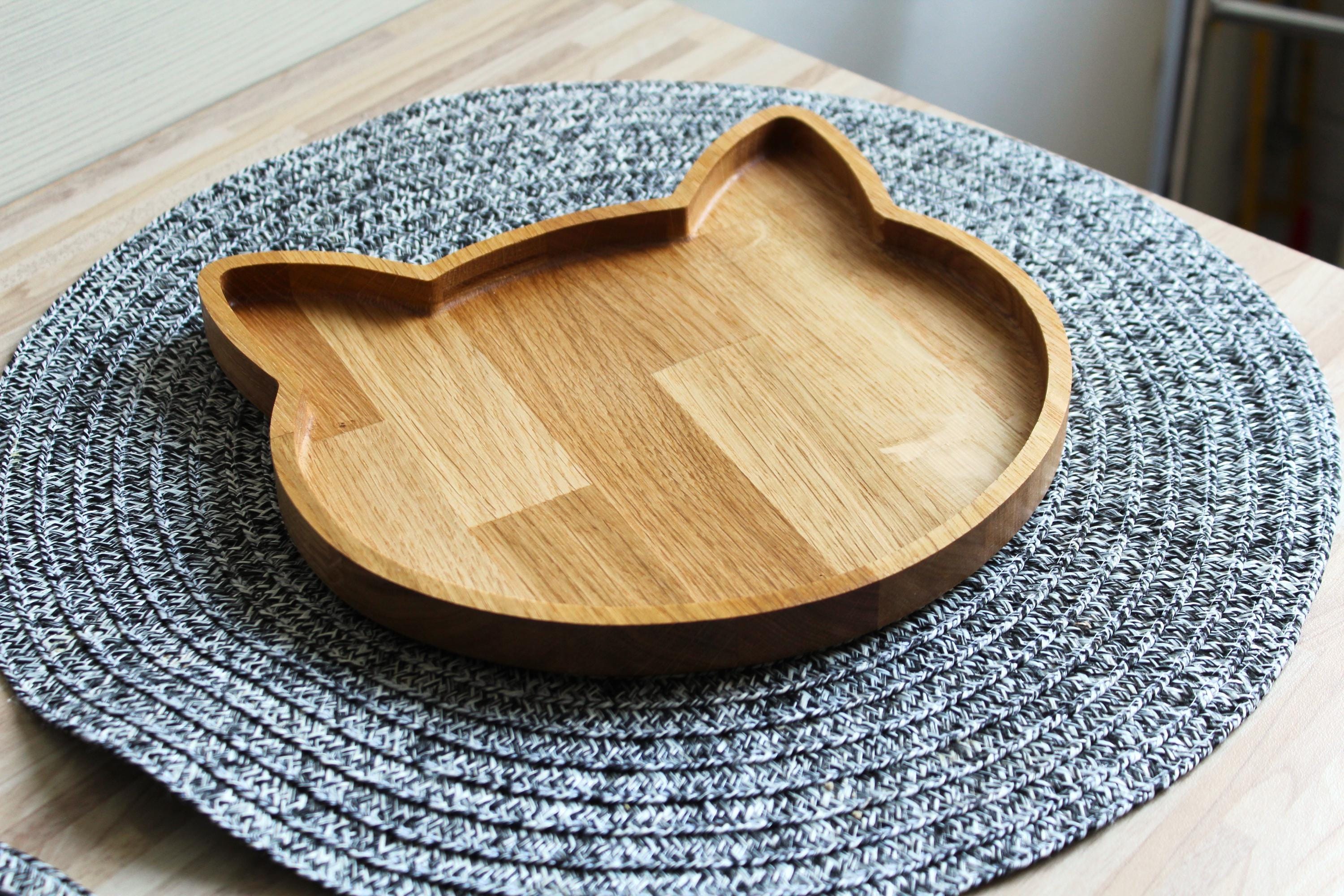 Cat-Shaped Oak Wood Bowl: Minimalist Snack & Jewelry Tray, Optional Engraving