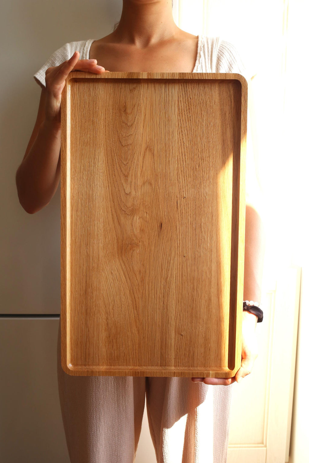 Natural Wooden Serving Tray – Rectangular Oak Tray for Drinks, Snacks & Home Decor