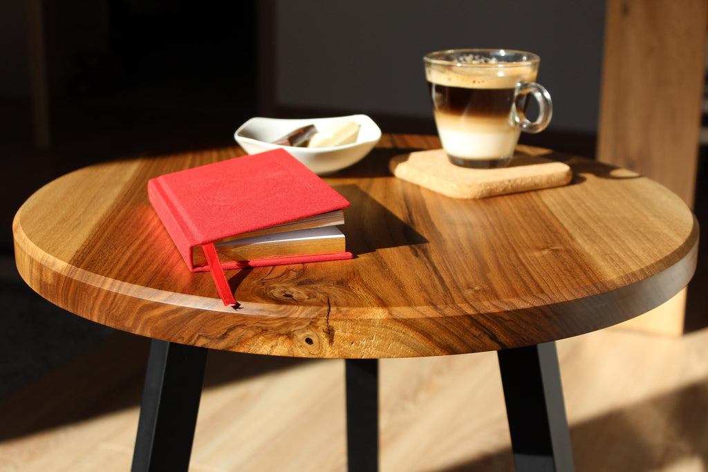 Handmade Round Walnut Coffee Table 46.5 cm (18.3 in) | Modern Wooden and Metal Side Table | Natural Walnut Living Room Table