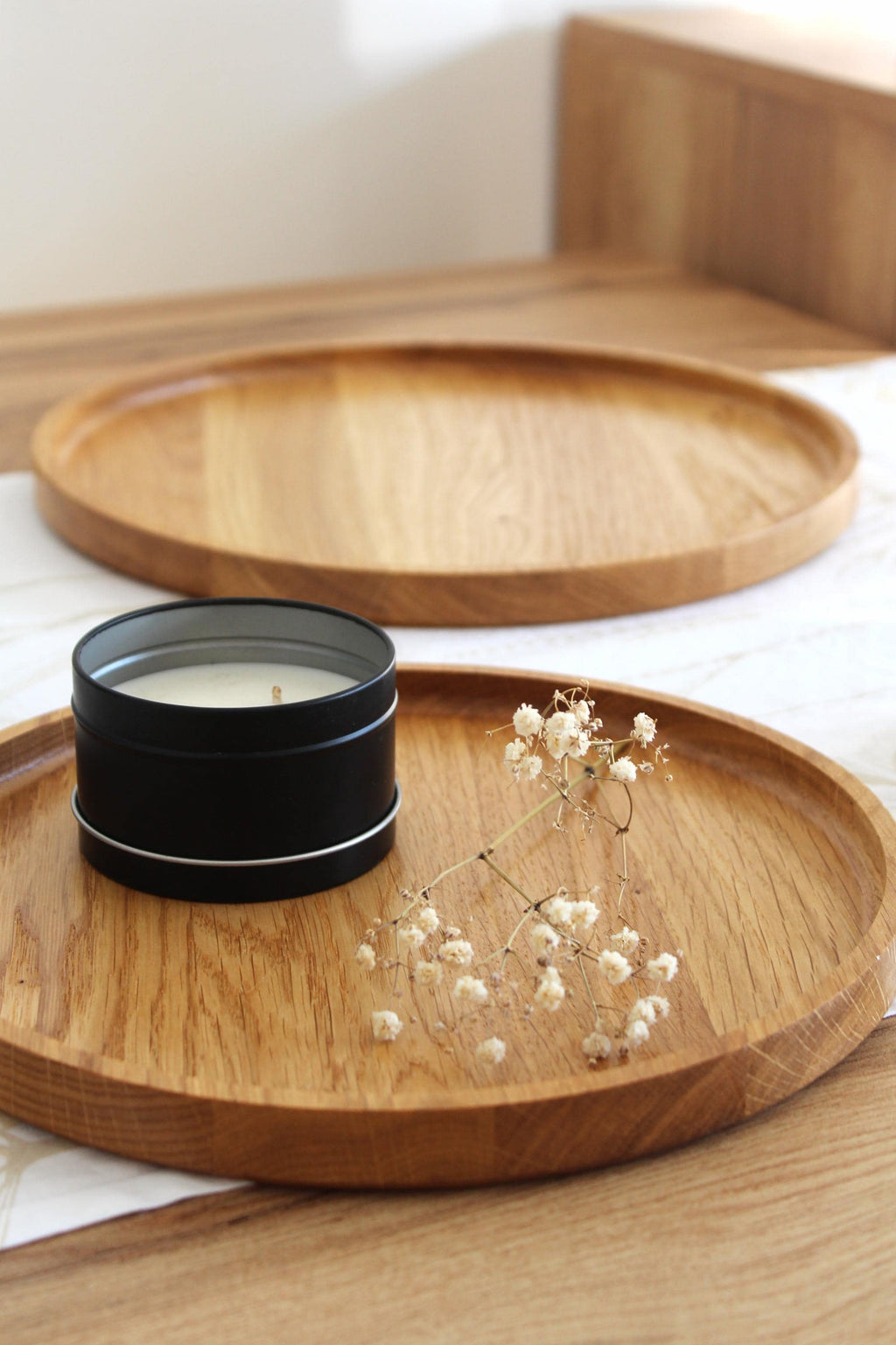 Round Wooden Tray | Solid Oak Serving Tray | Minimalist Rustic Home Decor