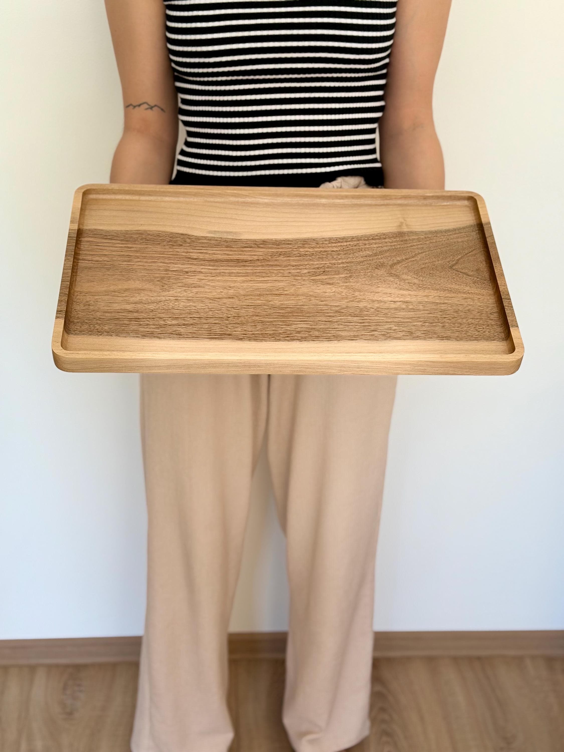 Walnut Wood Serving Tray – Handmade Wooden Tray 50x30 cm – Modern Minimalist Serving Board – Coffee Table Tray – Kitchen Decor