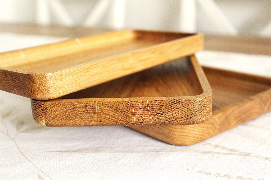 Oak Serving Trays - Rounded Edges - Minimalist Catchall Trays for Coffee Table, Kitchen & Bathroom Decor