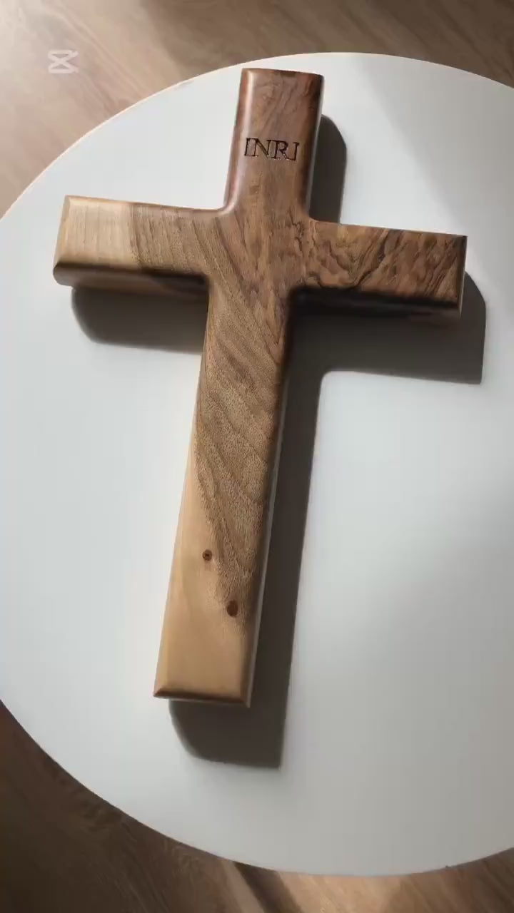 Handmade Solid Walnut Cross: Christian Wall Decor with INRI